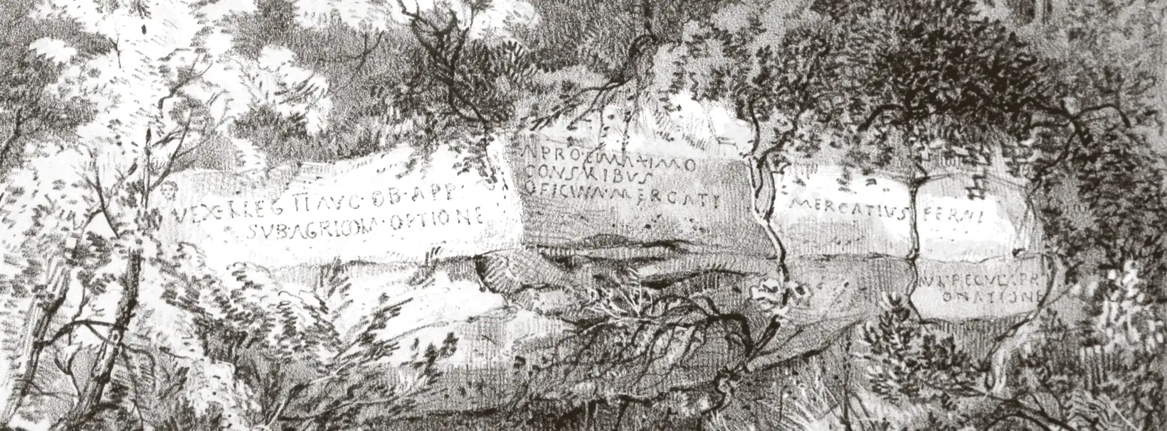 1851 年的石版画：盖尔特河岸的崖面在灌木和树丛之间露出来，岩面上刻着几行罗马大写字母