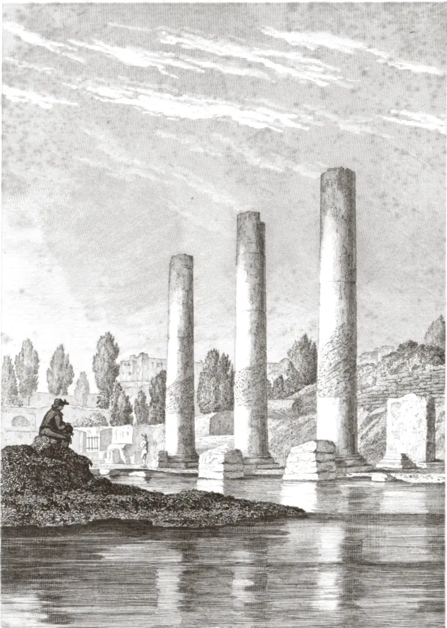 1830 年的钢版画：波佐利的塞拉皮斯神庙遗址，三根大理石柱立在浅水里，柱身半腰有一圈粗糙的斑痕，左边岩石上坐着一个人