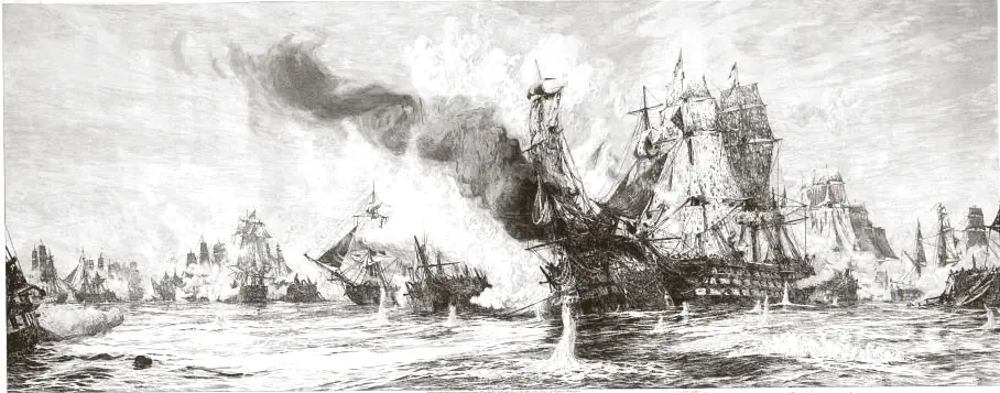 版画：特拉法尔加海战，两列帆船战舰在硝烟中交火，前景的海面上溅起水柱