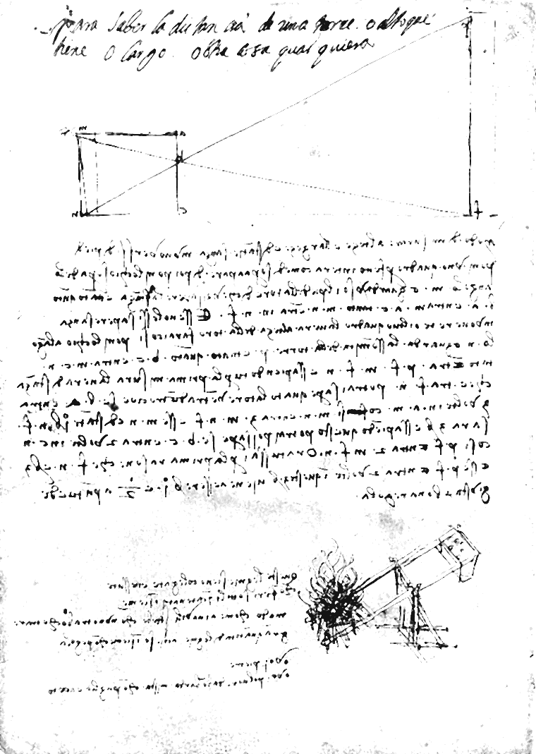 达·芬奇手稿的一页:上方是测量塔高的几何图,中间是镜像书写的文字,右下角画着一架投石器旁的火