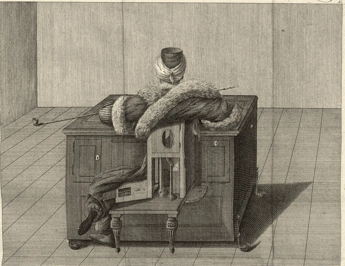 铜版画:同一台下棋机器从背后看,“土耳其人”的袍子掀起,背上的小门打开,露出里面的机件
