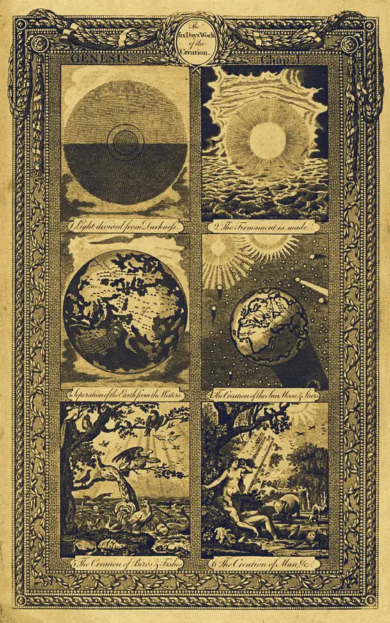 “创世六日”蚀刻版画：六格画面依次是分开光暗、造穹苍、分开水陆、造日月星辰、造鸟鱼、造人，外围是花饰边框