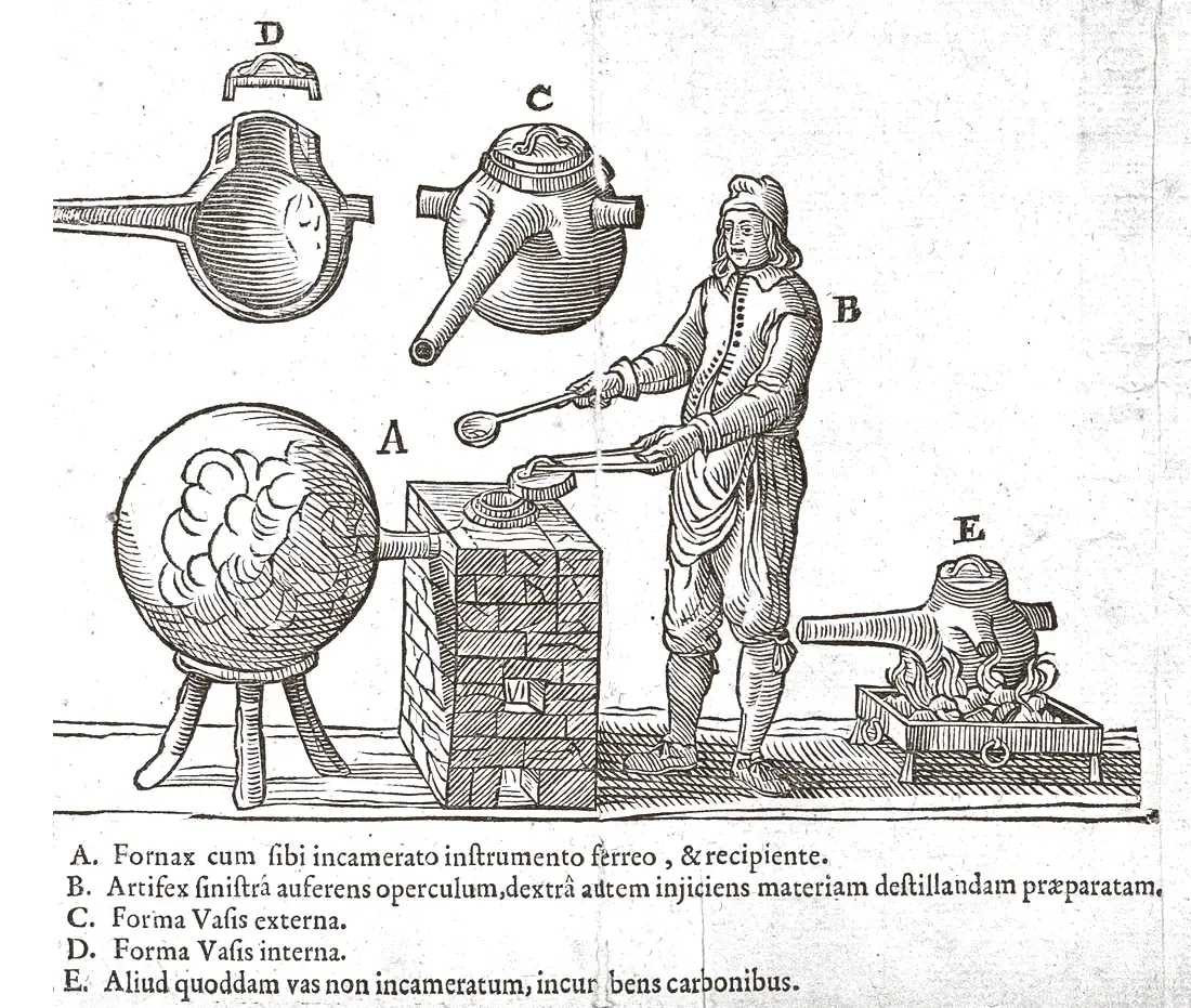 1658 年木刻：一位工匠站在砖砌的炉前，左手揭开盖子，右手用长勺投料；四周画着蒸馏器和炉子，下方有 A 到 E 的拉丁文图注