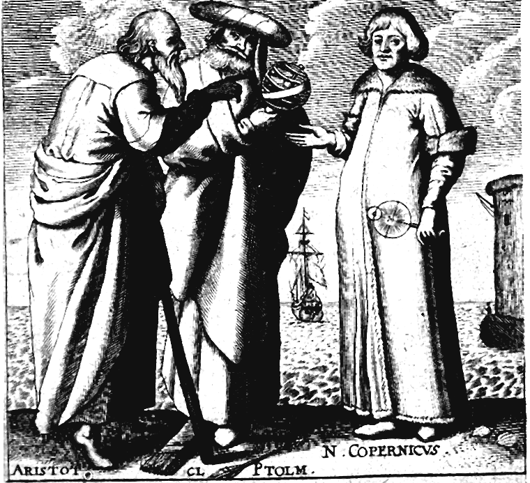 伽利略《对话》1663 年伦敦拉丁文版卷首图:亚里士多德、托勒密与哥白尼三人当面论辩