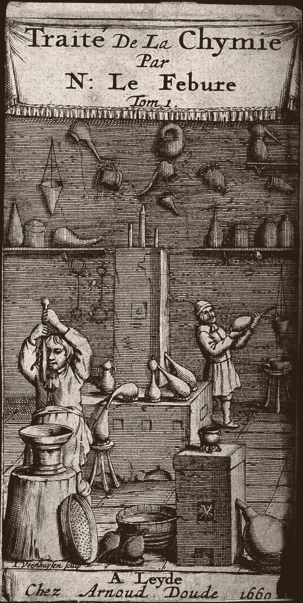 勒费弗尔《化学论》卷首版画：实验室里两人照看炉火、蒸馏器，墙上挂满器皿