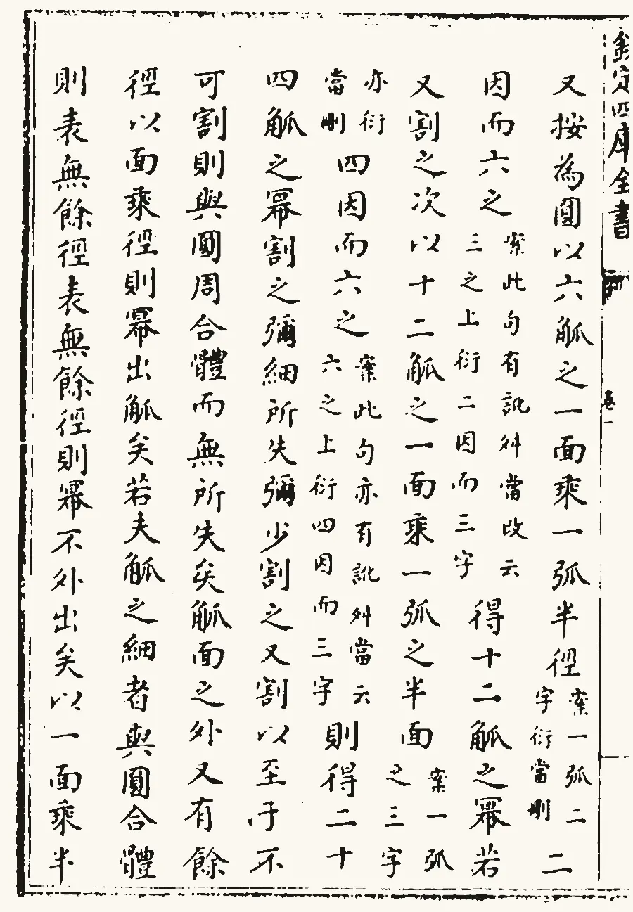 四库全书本《九章算术》卷一,刘徽注“割之弥细,所失弥少。割之又割,以至于不可割,则与圆周合体而无所失矣”所在的一页