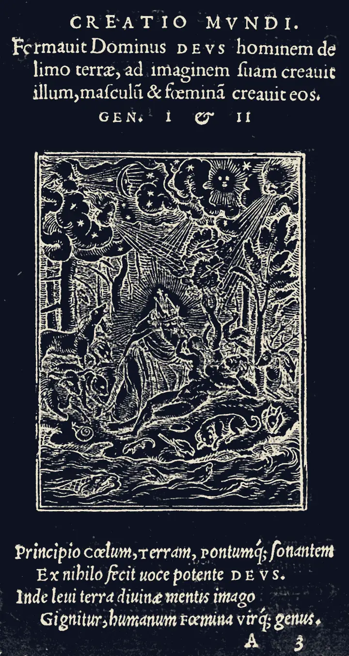 荷尔拜因《死亡之舞》中的《创世》：上帝戴着冠冕，从沉睡的亚当身旁造出夏娃，四周是飞禽走兽、日月星辰；图上下各有拉丁文题铭