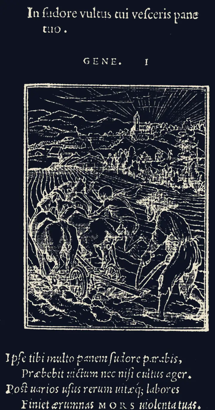 荷尔拜因《死亡之舞》中的《农夫》：一个骷髅般的死神在田间替农夫赶着四匹马拉犁，远处是村庄、教堂和低垂的太阳