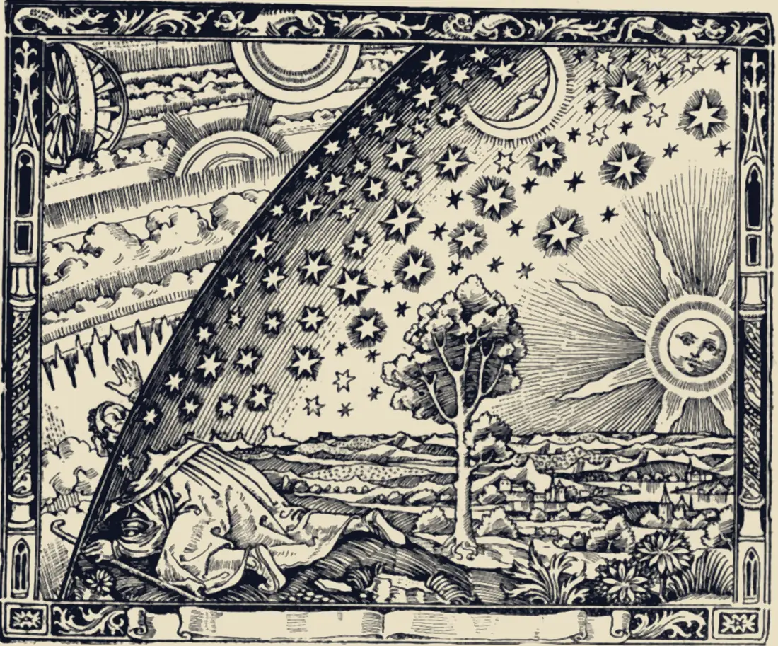 弗拉马里翁木刻：一个旅人跪在地上，把头和手探出缀满星辰的天穹，窥看天外的轮子、云层与光