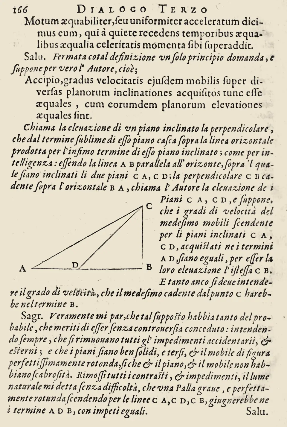 伽利略《关于两门新科学的谈话》1638 年版第 166 页:上半页是匀加速运动的定义与斜面假设,中间一幅斜面图,下半页是萨格雷多的回答