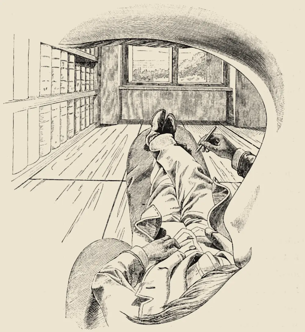 马赫画的自己的视野:上面是眉弓,右边是鼻子,下面是胡子,框里是书架、窗户、地板,和他伸开的腿、脚上的鞋、拿着铅笔的右手