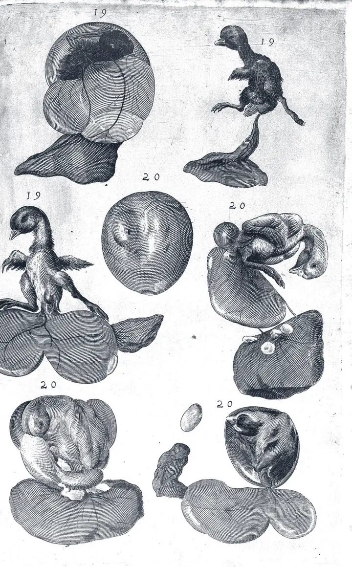 铜版画:几只发育到第 19、20 天的小鸡胚胎,有的还裹在卵黄囊上,旁边标着 19、20