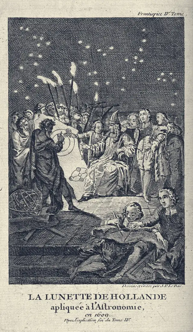 勒巴 1739 年的铜版画：星空下，一人指着一张同心圆轨道图，向坐着的、戴尖帽的威尼斯总督讲解；后面有人举着火把，两旁站满围观的人，右下角两个人坐在地上画图，左下角地上放着一架浑仪；画题是“荷兰望远镜用于天文学，1609 年”