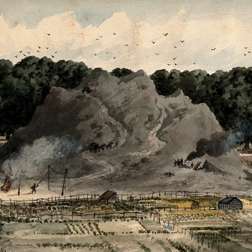 1837 年的水彩：伦敦国王十字一带的大垃圾山，山上有马车和冒烟的火堆，群鸟盘旋，山脚下是菜园和篱笆