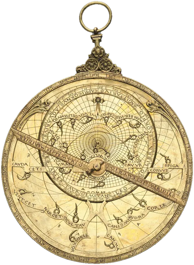 雷吉奥蒙塔努斯星盘：金色的铜盘，盘面刻着星图与刻度，上方有挂环