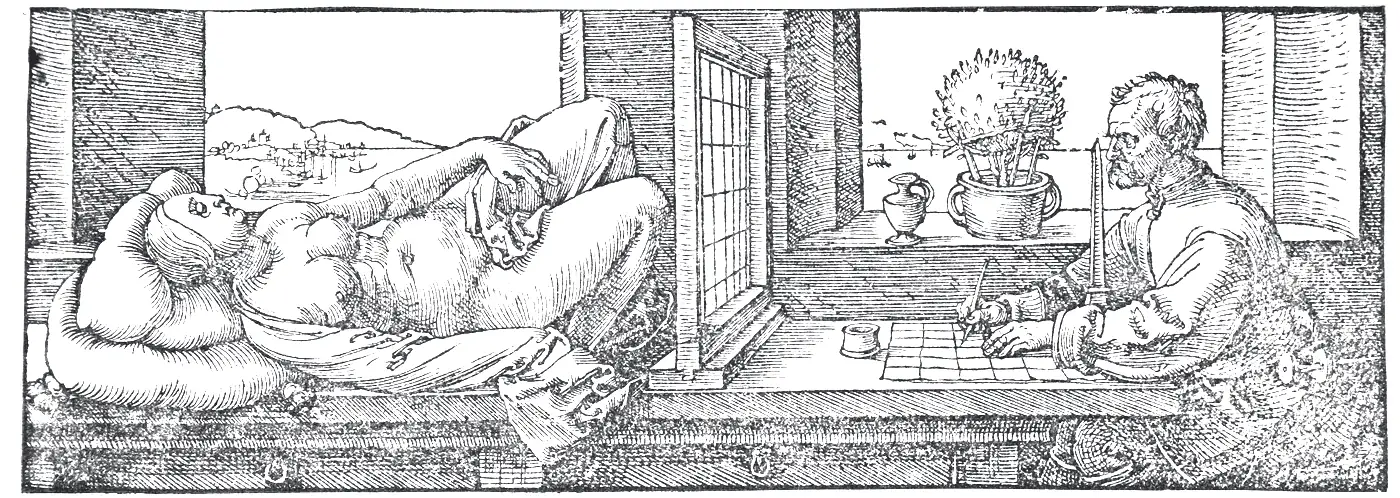 丢勒木刻：画家坐在桌前，隔着一面打了方格的纱幕，在方格纸上描画躺在桌上的女子；他眼前竖着一根定住视点的小柱