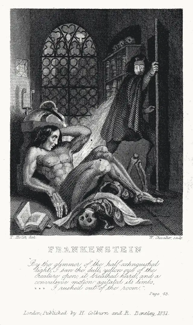 《弗兰肯斯坦》1831 年版卷首插图:维克多推门而逃,回头惊望;造物半躺在地上睁开眼睛,身边散落着书和骨骼