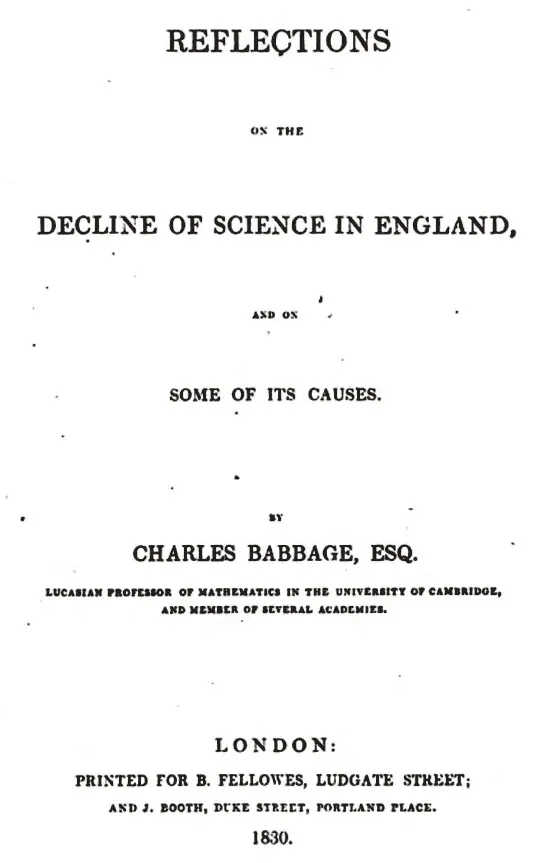 巴贝奇《英国科学衰落之反思》扉页,伦敦,1830